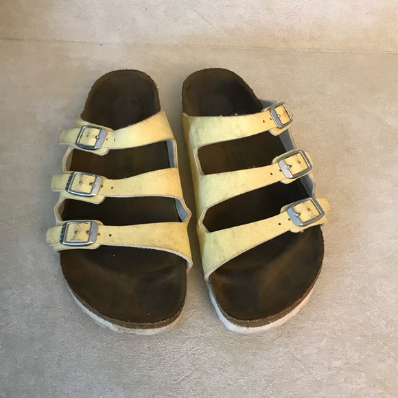 Birkenstock Women’s Yellow Leather 3 Strap Sandals Size 7    (read) - Picture 1 of 16